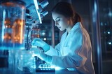 Attractive female scientist working in laboratory. She is using a microscope and looking at it, In Bio Technological Laboatory Female Research Scientist Analyzes Test Tube in Medical, AI Generated