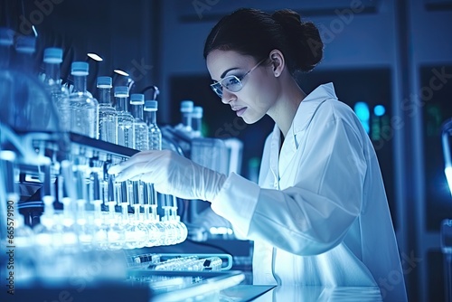 Attractive female scientist working in laboratory. Science and technology concept, In Bio Technological Laboatory Female Research Scientist Analyzes Test Tube in Medical Machine, AI Generated