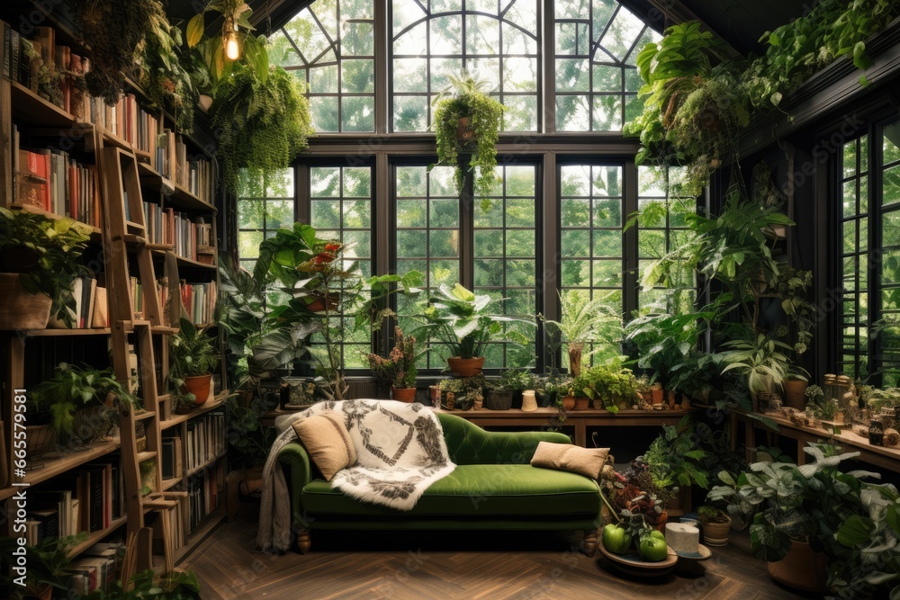 Fototapeta premium Interior of a living room with a green sofa and plants, Interior design room with a lot of plants, AI Generated