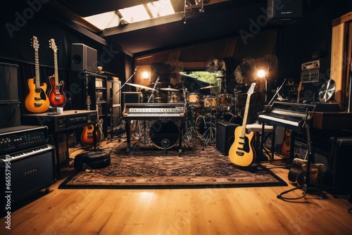 Interior of a recording studio with electric guitar and sound equipment, Indoor recording studio with guitars amps and pianos, AI Generated photo