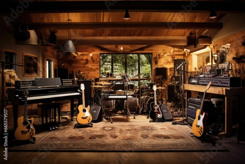 Musical instruments in a recording studio. Guitar, piano and electric guitar, Indoor recording studio with guitars amps and pianos, AI Generated