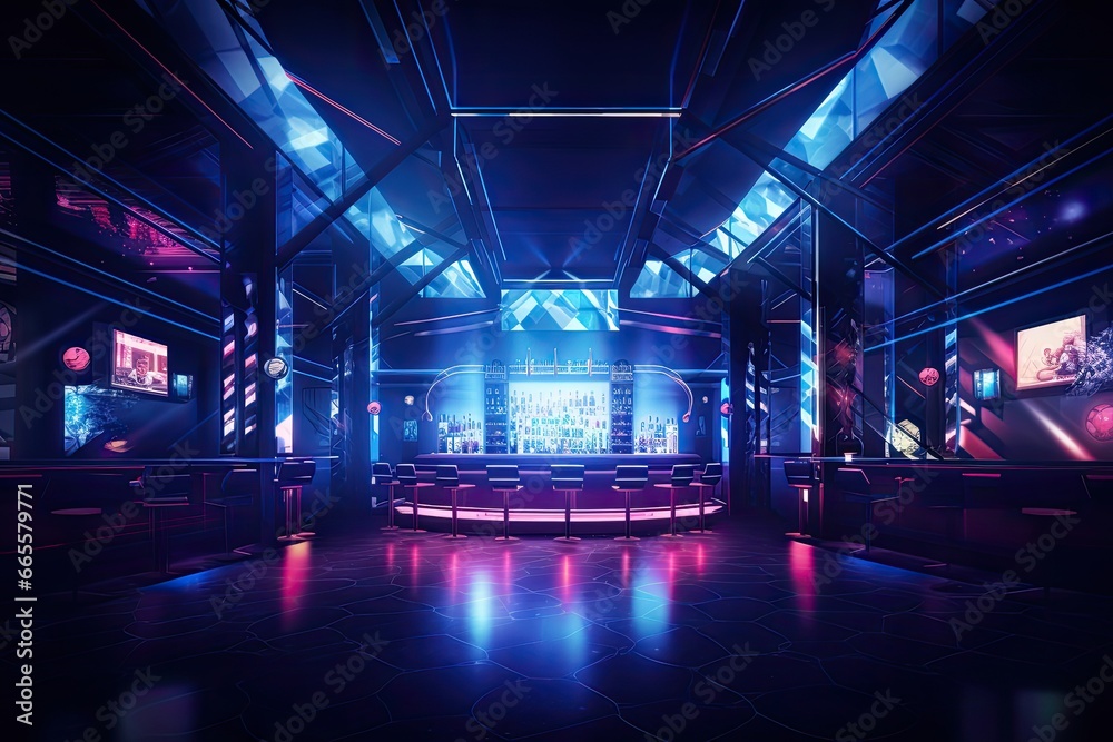3d rendering. Futuristic interior of a nightclub with neon lights, Interior of a night club with bright lights. Night club. A decorated night club with stylish couches and colorful, AI Generated