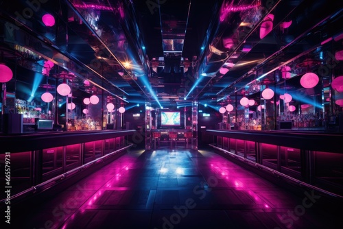 Interior of a night club with neon lights. 3d rendering, Interior of a night club with bright lights. Night club. A decorated night club with stylish couches and colorful cocktail, AI Generated
