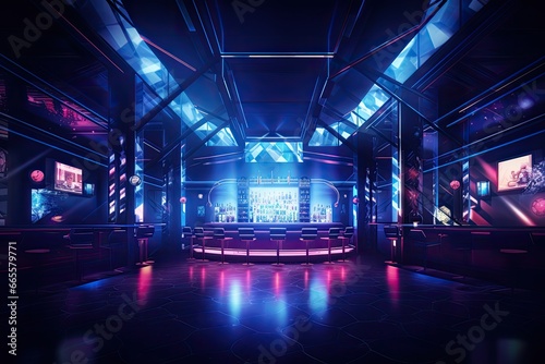 3d rendering. Futuristic interior of a nightclub with neon lights, Interior of a night club with bright lights. Night club. A decorated night club with stylish couches and colorful, AI Generated © Iftikhar alam