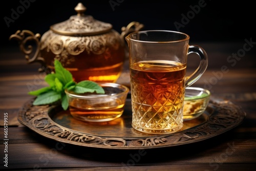 Turkish tea in traditional glass on wooden background. Water food leaf culture. Generate Ai