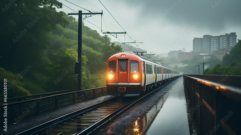 Fototapeta premium Mesmerizing landscape with rainy urban scenes and train. generative AI