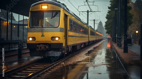 Mesmerizing landscape with rainy urban scenes and train. generative AI