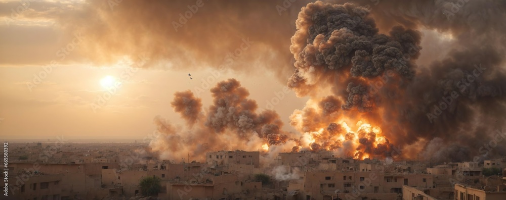 Giant airstrike, IED or artillery explosion in a big middle eastern city. Generative AI.