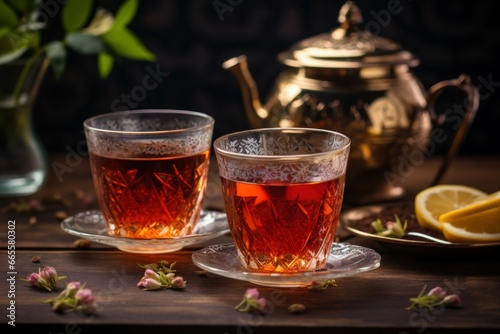 Turkish tea in traditional two glass on wooden background. Fresh drink liquid turkey. Generate Ai