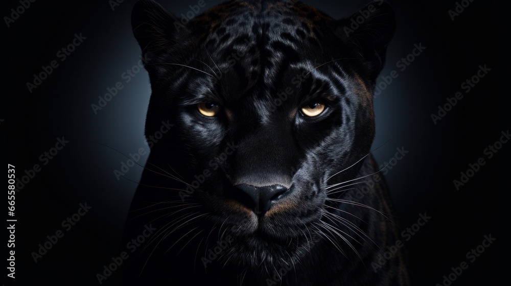Black panther face on dark background.