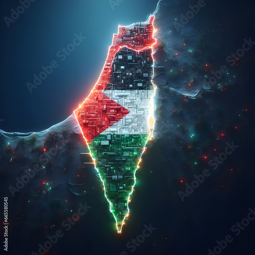 3d render of palestine map with flag inside with flowers and light around,  photo
