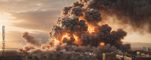 Wide shot of a giant airstrike, IED or artillery explosion in a big middle eastern city. Generative AI.
