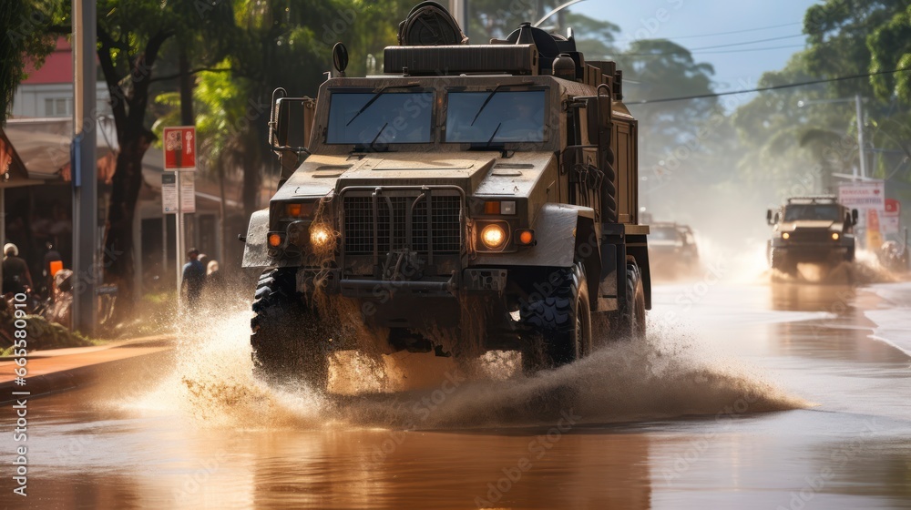 An Army Truck's Journey Through Floodwaters. Generative AI An Army Truck's Journey Through Floodwaters. Generative AI