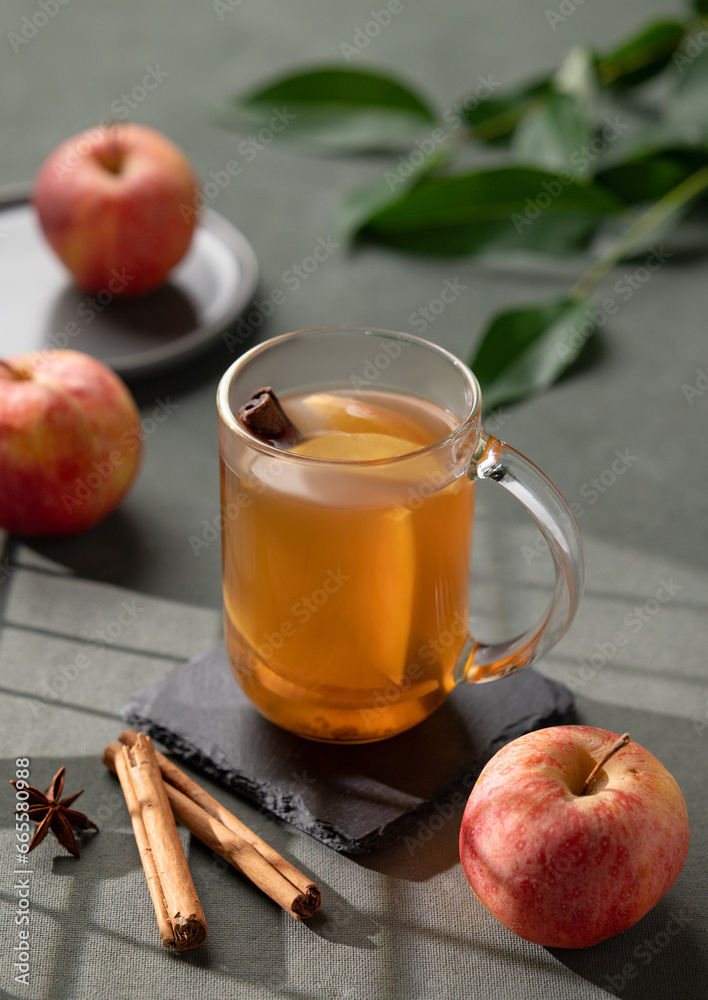 Homemade apple punch with fresh apples, cinnamon and spices in cup on a green background with fresh fruits, branch and morning shadows. Homemade apple punch with fresh apples, cinnamon and spices in cup on a green background with fresh fruits, branch and morning shadows.