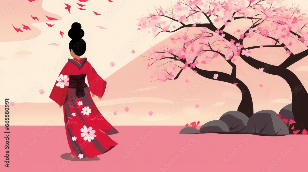Japanese girl silhouette, sakura blossom, Japanese girl silhouette, sakura blossom,