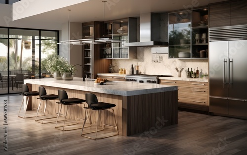 The Fusion of Stainless Elegance and Island Innovation in Kitchen Design. Generative AI
