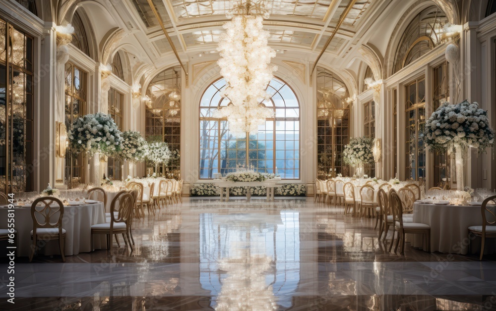 Elegant event venues, showcasing a beautifully decorated ballroom and an enchanted garden. Generative AI