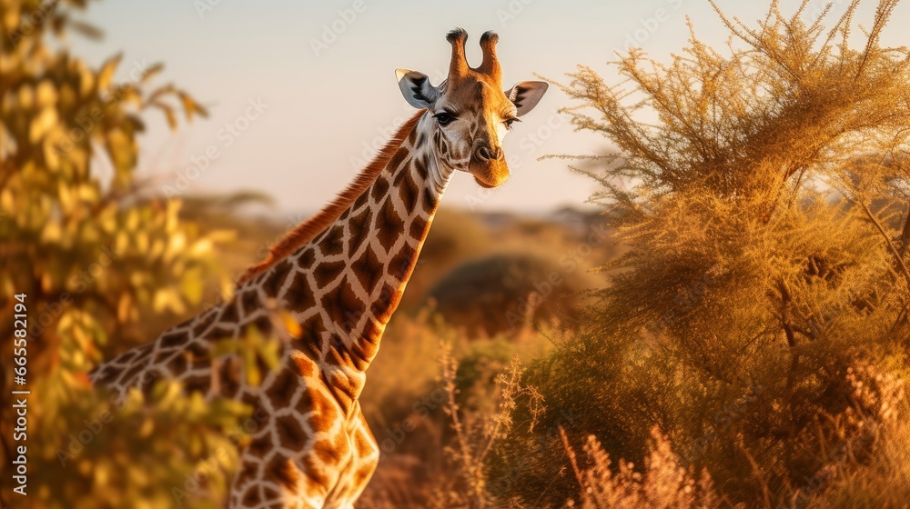 Masai giraffe standing near bushes.