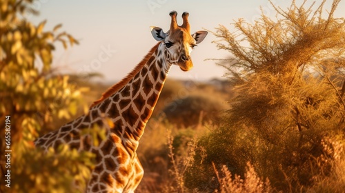 Masai giraffe standing near bushes.