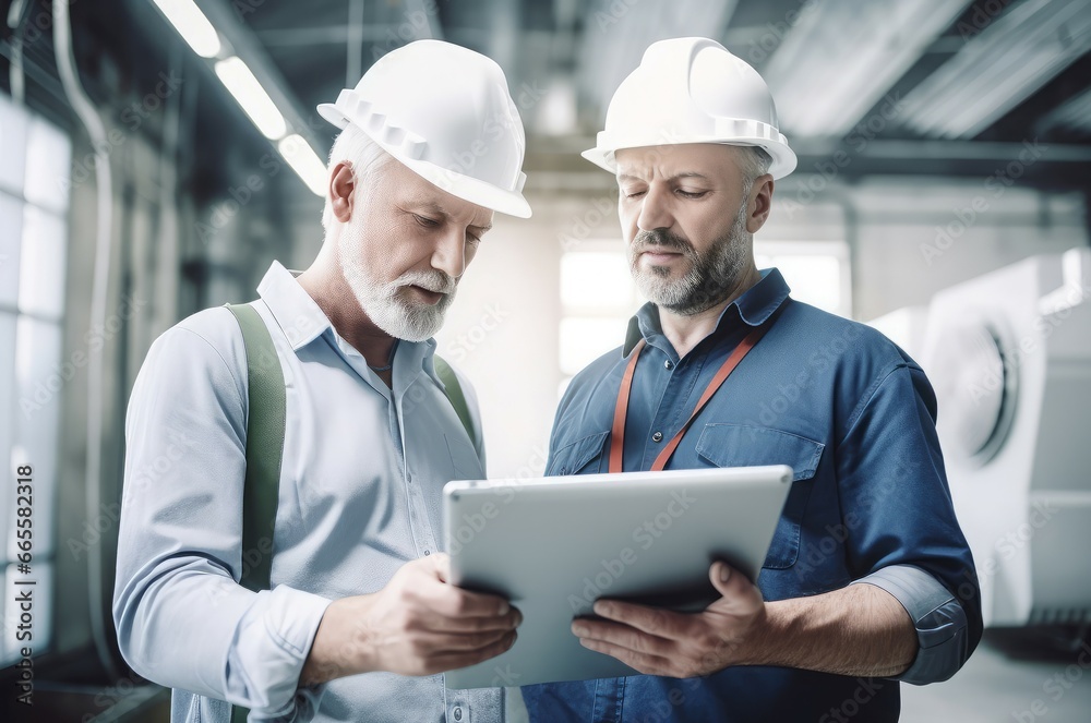 Two heating technician professionals with protective helmets. Industrial workers discussing project plan. Generate ai Two heating technician professionals with protective helmets. Industrial workers discussing project plan. Generate ai