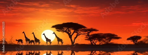 Panorama silhouette Giraffe family and silhouette tree. Typical African sunset with acacia trees in Masai Mara.