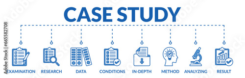 Banner of case study web vector illustration concept with icons of examination, research, data, conditions, in depth, method, analyzing, result