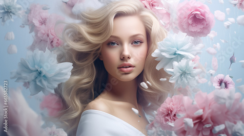 Portrait of a beautiful blonde surrounded by flowers. Pastel colors.