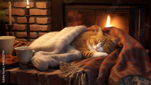 Red cat sleeping sweetly under a cozy blanket next to the fireplace photo
