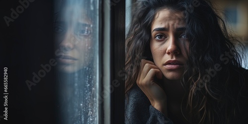 Depressed sad looking beautiful young woman near a window. Moody scene for mental illness, sex trafficking, domestic abuse.