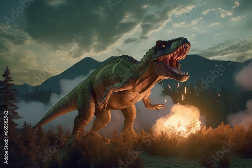 Shouting tyrannosaurus rex animal. Furious Jurassic ancient big reptile creature. Generate ai photo
