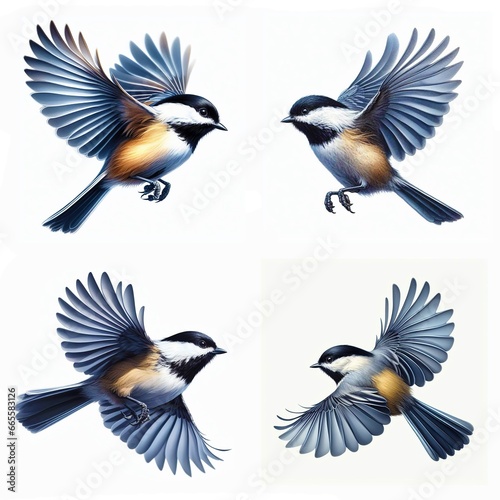 A set of male and female Black-capped Chickadees flying isolated on a white background