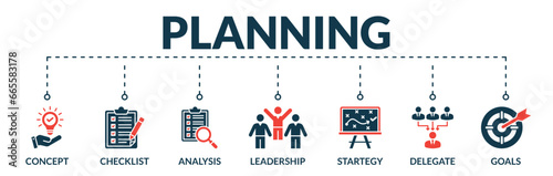 Banner of planning web vector illustration concept with icons of concept, checklist, analysis, leadership, strategy, delegate, goals