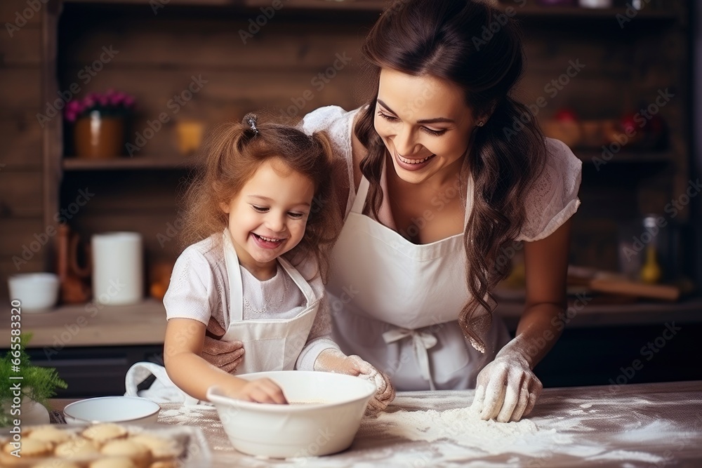 Mother and daughter bonding while baking cookies created with Generative AI technology