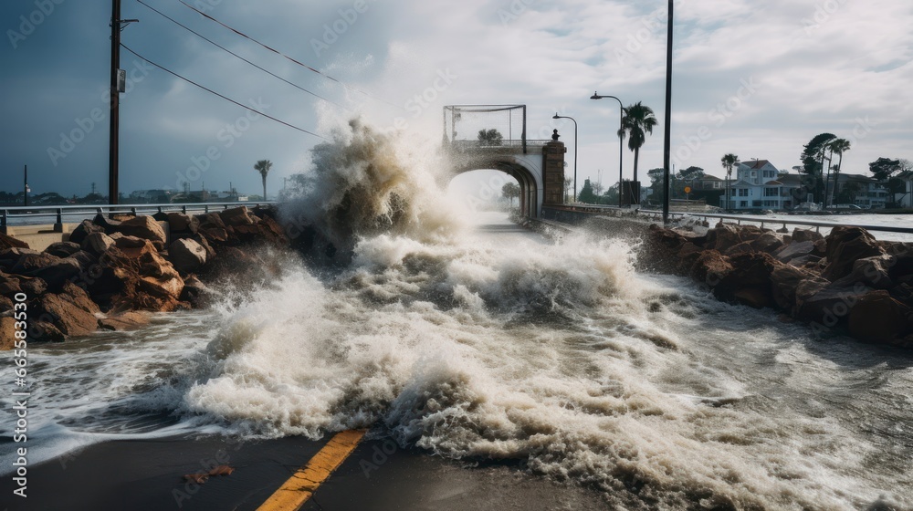 Storm Surge Spectacle - Water crashing over bridge during Hurricane Harvey. Generative AI