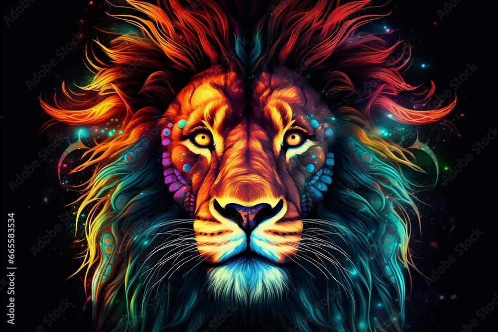 Illustration of lion face with vibrant neon fractal style. Generative AI