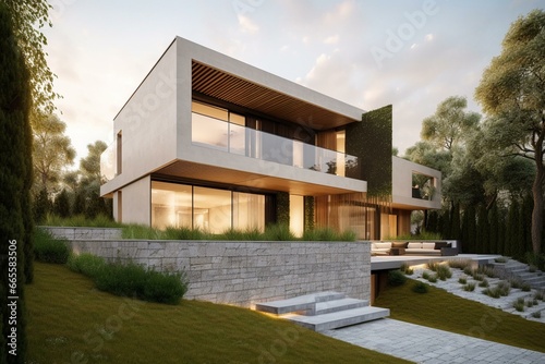 Stunning contemporary home with innovative exterior. Ideal for designers and architects. Generative AI © Endellion