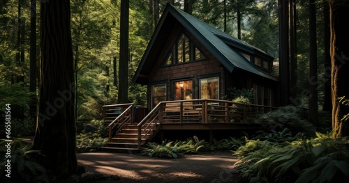A secluded cabin in the woods, representing a peaceful getaway into nature. Generative AI
