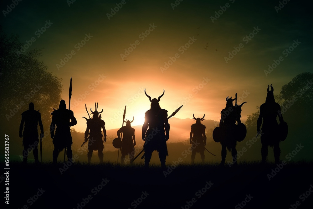 Vikings, Varangians early medieval Scandinavian seafarers in 8th and 11th centuries who made sea voyages. Swedish, Norwegian Danish. Covenanters, Assault. Occupiers Scandinavia Nordic. - obrazy, fototapety, plakaty 