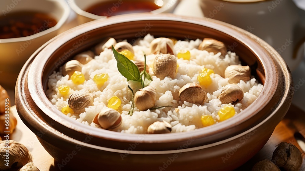 Autumn's Delight. The Warm and Nutty Fusion of Chestnut Rice on a Chilly Evening. Generative AI Autumn's Delight. The Warm and Nutty Fusion of Chestnut Rice on a Chilly Evening. Generative AI