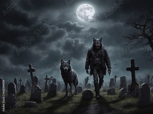 Dark man with wolfes in spooky halloween graveyard, ai generated photo