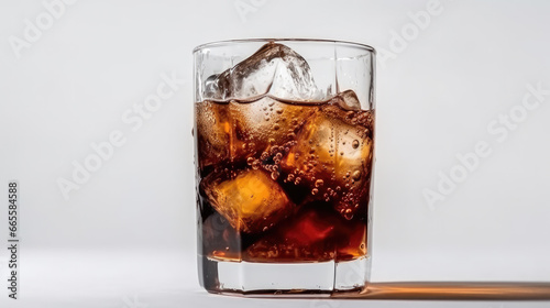 Refreshing glass of ice-cold cola on a pristine white background, a classic beverage to quench your thirst