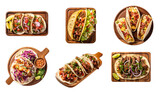 Set of Taco with different types of taste and styles on a transparent background.