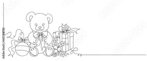 Christmas giftbox with bear dol, christmas ball, line art vector illustration