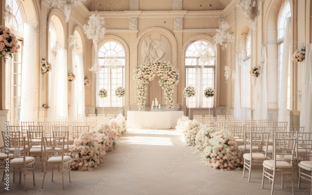 The timeless elegance and luxurious decor of a sophisticated wedding ceremony. Generative AI
