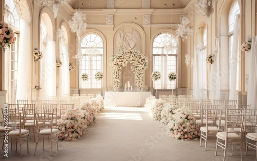The timeless elegance and luxurious decor of a sophisticated wedding ceremony. Generative AI © Gasspoll