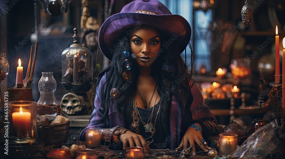 Voodoo Vex Witch: A witch surrounded by voodoo paraphernalia, with a focus on her intense gaze. The color palette should include deep purples and golds for a mystical feel Voodoo Vex Witch: A witch surrounded by voodoo paraphernalia, with a focus on her intense gaze. The color palette should include deep purples and golds for a mystical feel