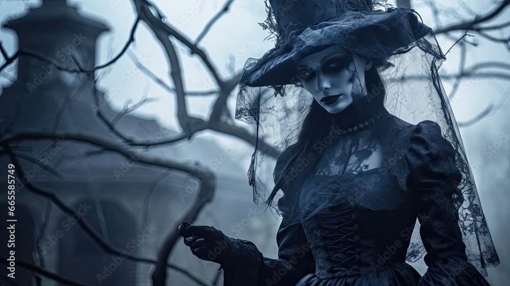 Naklejka premium Wraith Witch in Mourning: A witch in Victorian mourning attire, her aura ghostly within a dilapidated estate, using desaturated blues and greys