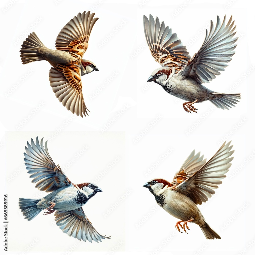 Obraz premium A set of House Sparrows flying isolated on a white background