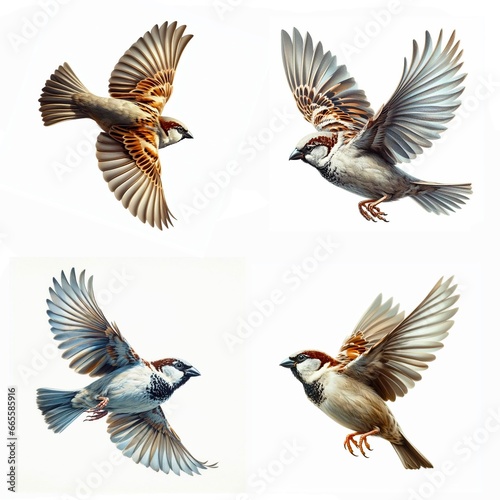 A set of male and female House Sparrows flying isolated on a white background