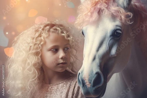 Magic curly pink unicorn with little girl. Blonde cute girl with white fantasy unicorn horse. Generate ai